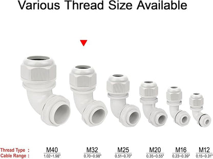 LeMotech M32 Cable Gland, 90 Degree Adjustable 18-25mm Strain Relief, Cord Connectors Nylon Joints with Gaskets, 2 Pcs, Grey