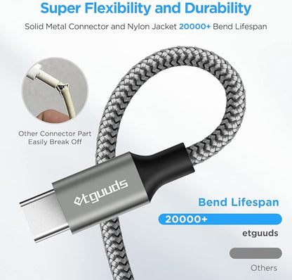 etguuds 4ft USB A to USB C Cable 3A Fast Charging, 2-Pack USB A to USB Type C Charger Cord for iPhone 16 15 Pro/Pro Max/Plus, for Samsung Galaxy S24 S23 S22 S21 S20 S10 A55 A54 Flip Note, Moto, Gray