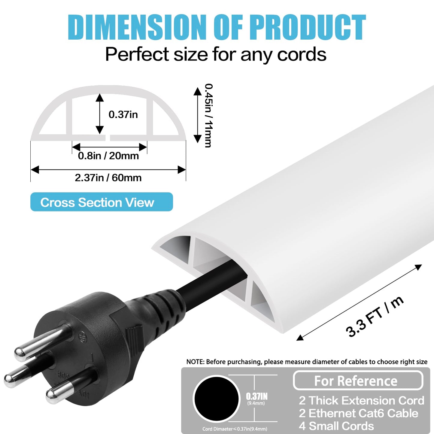 Floor Cord Cover Cavity 0.8"x0.37" Self Adhesive Cord Hider, 3.3FT Low Profile Cable Management, Extension Strip Protector for Wires, Prevent Cable Trips for Offices, Gyms, Exhibitions (White)