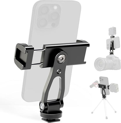 All Metal Phone Tripod Mount, 360° Rotation Tripod Phone Mount with 2 Cold Shoes, Adjustable Cell Phone Mount Adapter with 1/4" Thread, Compatible with iPhone Android Phones, Digital Camera