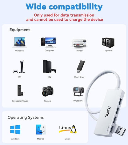 USB 3.0 Hub,4 Port USB Splitter Extender Portable Adapter Multiport Data Hub for Laptop,Xbox, Flash Drive,HDD,Console,Camera,Keyborad,Mouse Windows,Mac OS PC,Not Designed to Charge Devices-White