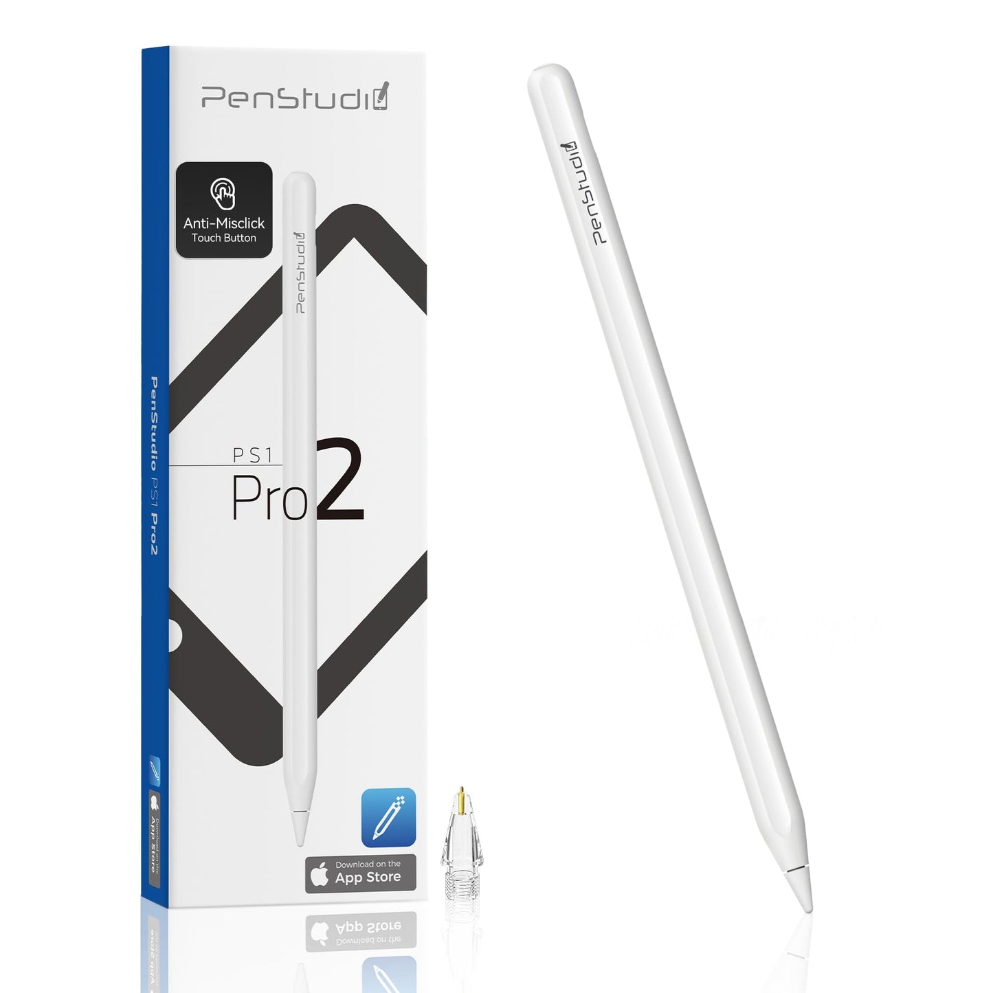 Penstudio PS1-Pro2 Stylus for iPad 6th-11th Gen, Silent Shortcuts, White