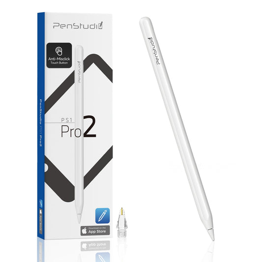 Penstudio PS1-Pro2 Stylus for iPad 6th-11th Gen, Silent Shortcuts, White