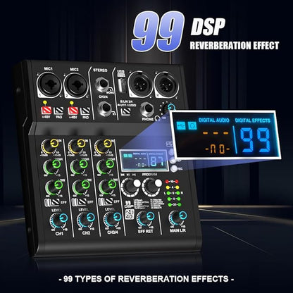 mw-4 black 4Channel Audio Mixer with 99 Sound Effects for PC,Portable Sound Mixing Console with BT USB Recording Input for Live Streaming,Podcasting