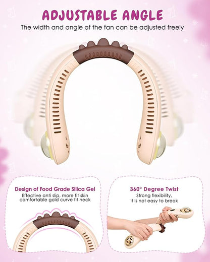Neck Fan for Kids,Bladeless Portable Fan Rechargeable for 4-14Y Girls & Boys, 2400mAh USB Personal Cooling Mini Fan Rechargeable for Travel/Disney/Camping, 3 Speeds, Summer Essentials(Beige)