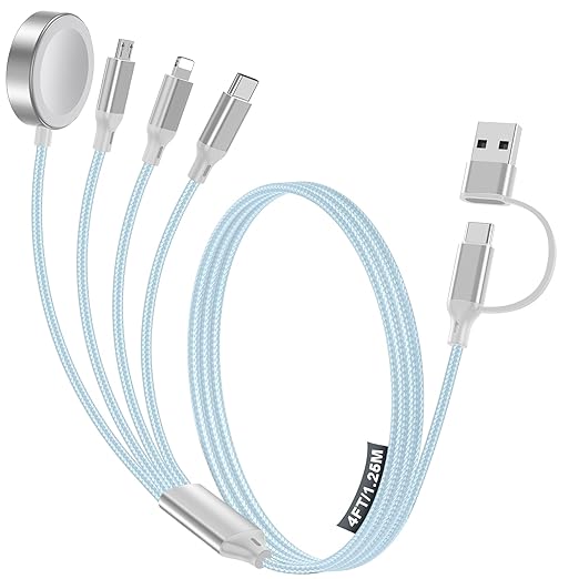 4-in-2 Charging Cable for Apple Watch Charger/Samsung/iPhone Charger,Car/Office/Camping/Travel Essentials,Type C Cable Multi Cord for iWatch Ultra/10-2/iPhone 16-11/Samsung S25-S20,iPad,airPods-Blue