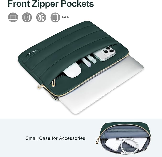 MOSISO 13.3 inch Laptop Case, 13-13.3 inch Puffy Laptop Sleeve Compatible with MacBook Air 13 13.6 M4 M3 M2 M1/Pro 13/Pro 14, HP Dell ASUS Lenovo,Polyester Horizontal Bag with Small Case,Peacock Green