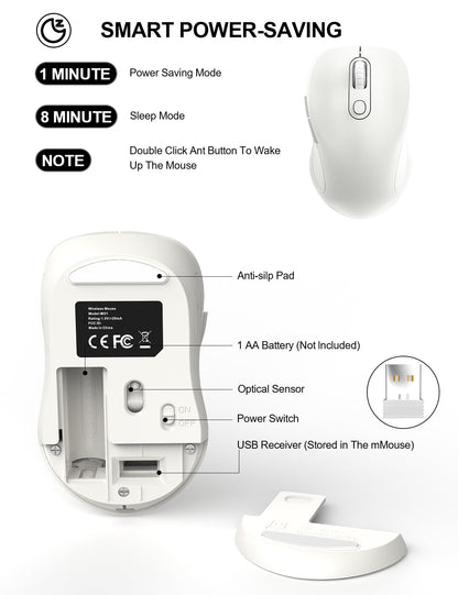 Trueque Wireless Mouse for Laptop, Ergonomic 6-Button Mouse, Pure White