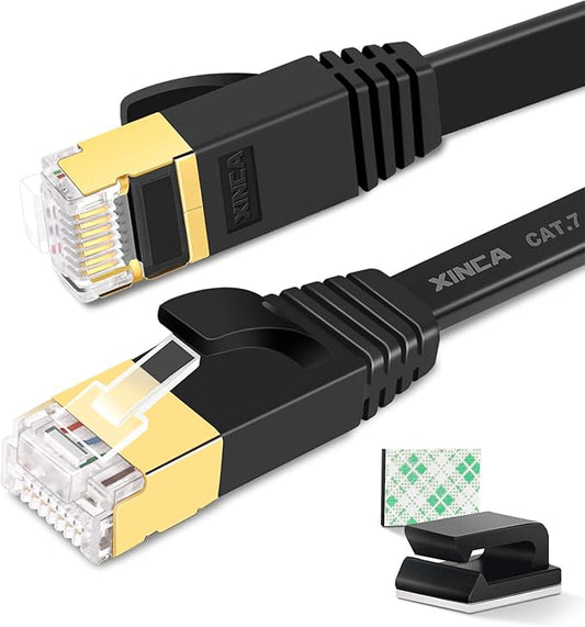 XINCA Cat 7 Flat Ethernet Cable 25ft Black, High Speed 10GB Shielded (STP) LAN Internet Network Cable Ethernet Patch Computer Cable with Rj45 Connectors and 10pcs Adhesive Clips
