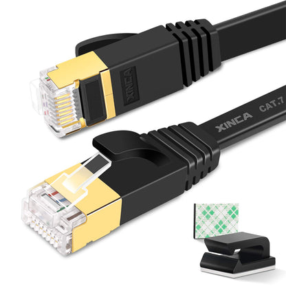 XINCA Cat 7 Flat Ethernet Cable 25ft Black, High Speed 10GB Shielded (STP) LAN Internet Network Cable Ethernet Patch Computer Cable with Rj45 Connectors and 10pcs Adhesive Clips
