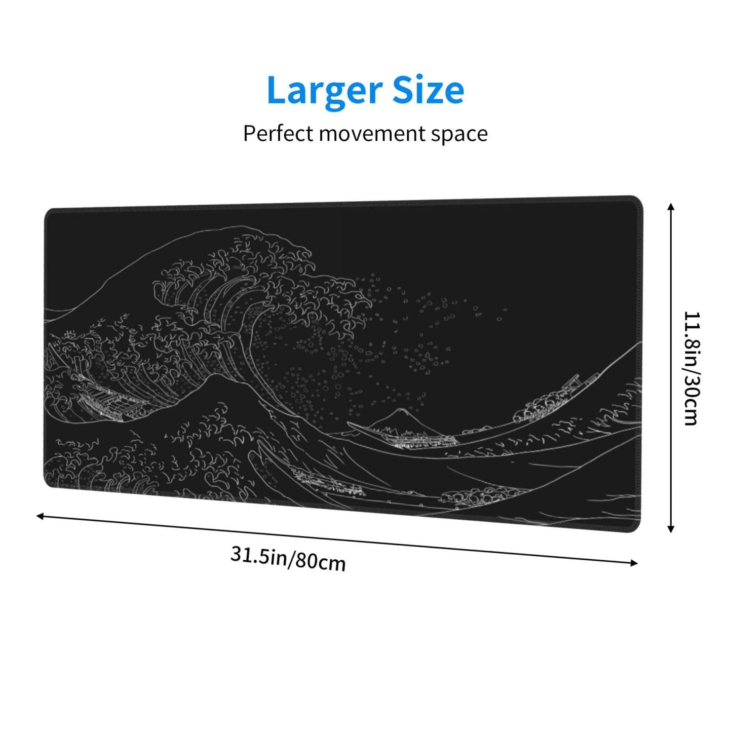 Japanese Sea Wave Large Mouse Pad, Anime Black Gaming, Extended Kanagawa Mat Desk Pad, 3mm Thick Long Non-Slip Rubber Base Mice Pad, 31.5 X 11.8 Inch