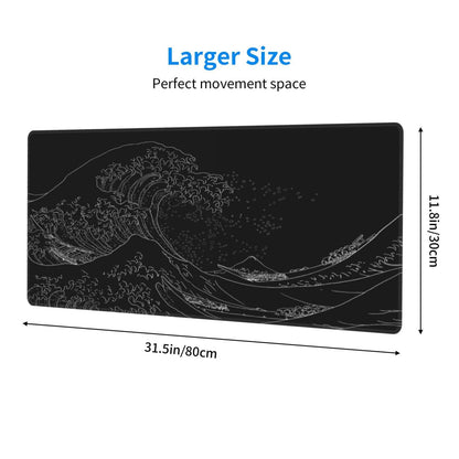 Japanese Sea Wave Large Mouse Pad, Anime Black Gaming, Extended Kanagawa Mat Desk Pad, 3mm Thick Long Non-Slip Rubber Base Mice Pad, 31.5 X 11.8 Inch