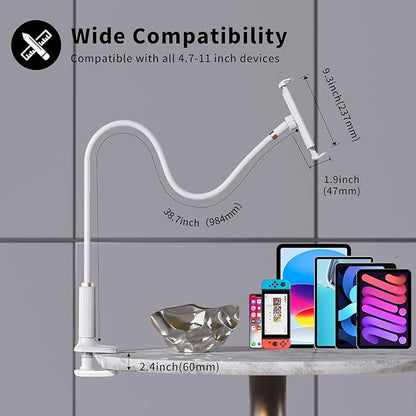 K-MT【38.7inch/98cm】 Tablet Phone Holder Table Desk Gooseneck Mount, Mount Holder Clip with Grip Flexible Long Arm Compatible for ipad iPhone/Switch/Samsung Tabs/Kindle Fire HD K-MT (White)