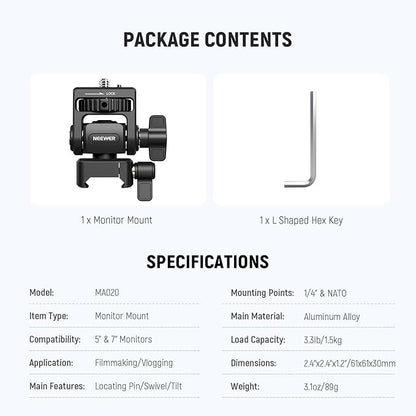 NEEWER Field Monitor Mount Monitor Holder with NATO Clamp, 360° Swivel, 180° Tilt, Anti Twist Screw Compatible with Atomos Ninja 5" & 7" Camera Monitor Compatible with SmallRig Camera Cage, MA020
