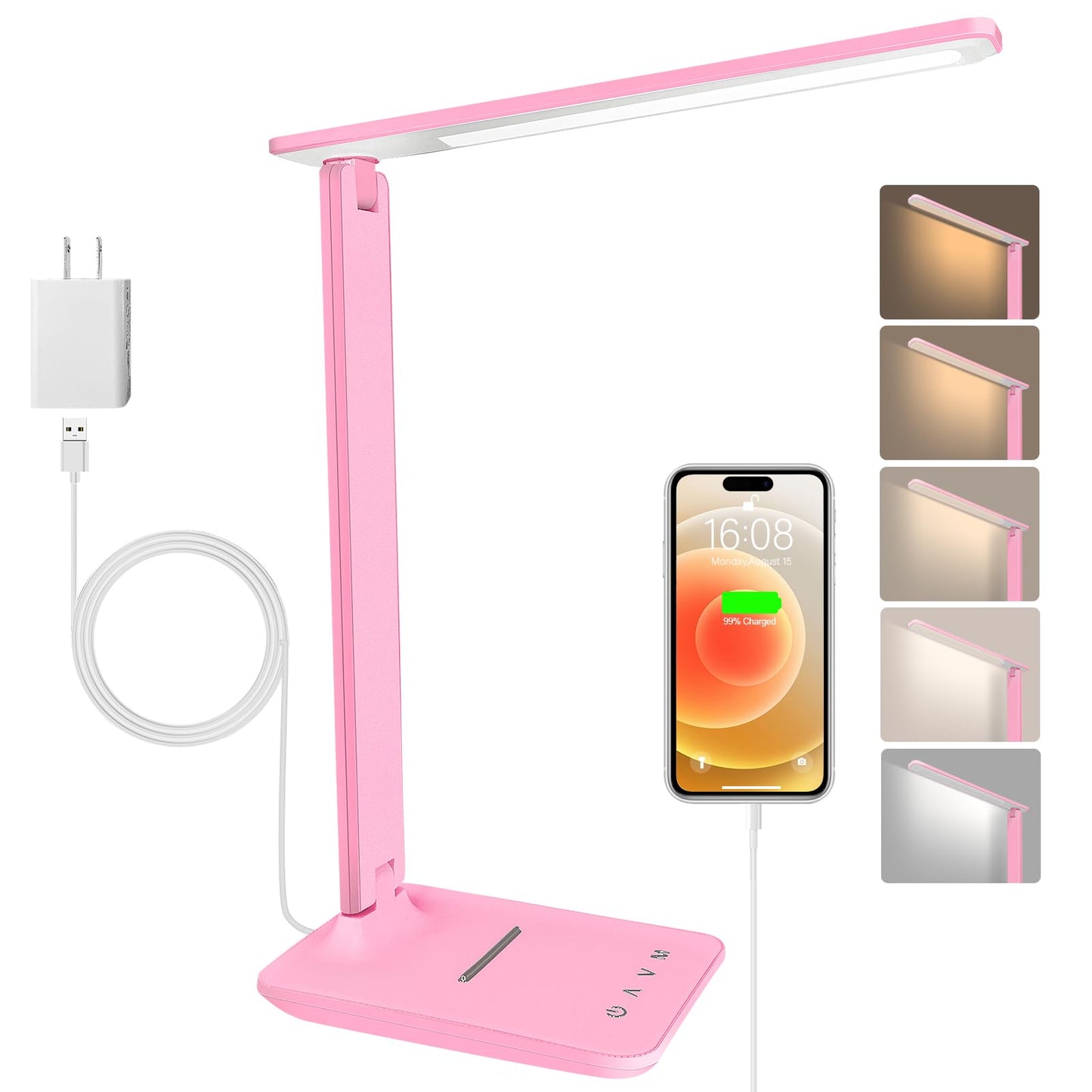 shinelife LED Desk Lamp for Office Home, Bright Desk Light with USB Charging Port, Adjustable Dimmable Desk Lamps 5 Modes 5 Brightness, Touch Study Lamp for Nail, Craft, Puzzle, Sewing, Study, Pink