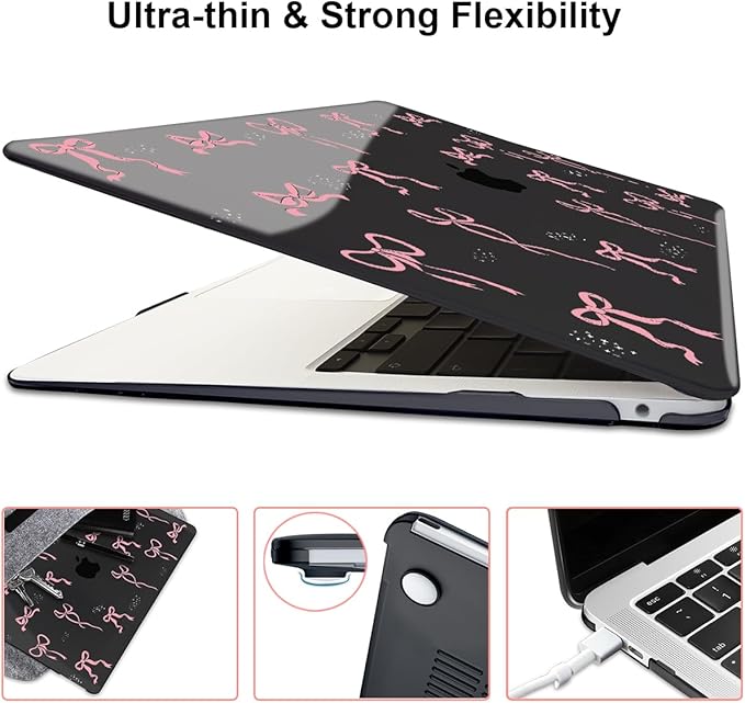 for MacBook Air 13 inch Case 2021 2020 2019 2018 Release M1 A2337 A2179 A1932, Pritned Pattern Plastic Hard Case Cover for MacBook Air 13 M1 with Retina Display Touch ID, Pink Bowknot Black