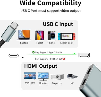 USB C to Dual HDMI Adapter, 4K@60Hz Type-C to HDMI Splitter for Dual Monitors Extend Display for MacBook Pro/Air, Dell XPS 13/15/17, HP, Lenovo, Samsung Galaxy, Surface Type C Laptop
