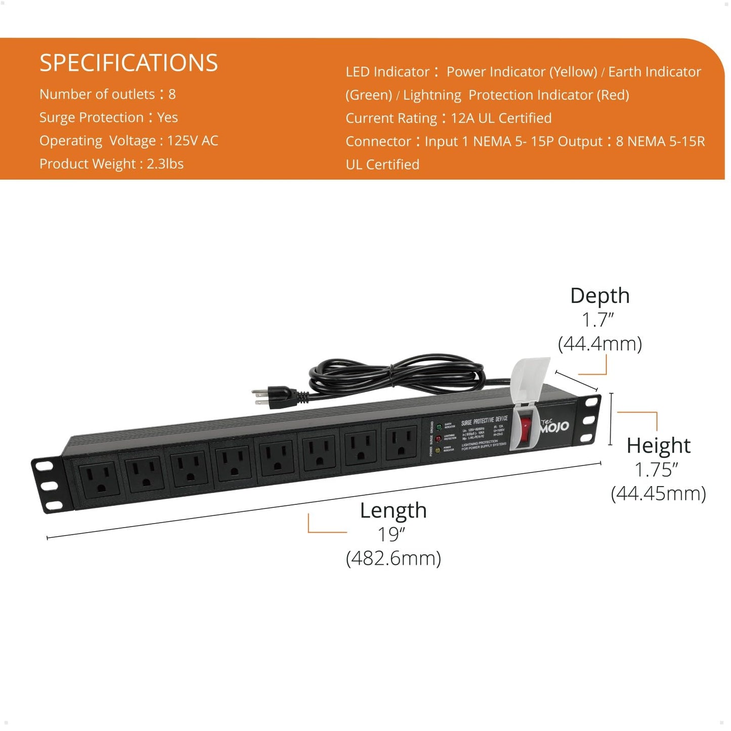 Tecmojo 1U Rack-Mount Horizontal 8-Outlet PDU, UL Listed PDU with Surge Protection LED Indicators 6ft Cord Power Distribution for IT and Network Server Racks