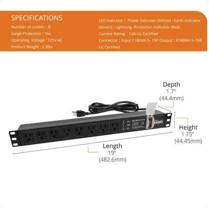 Tecmojo 1U Rack-Mount Horizontal 8-Outlet PDU, UL Listed PDU with Surge Protection LED Indicators 6ft Cord Power Distribution for IT and Network Server Racks