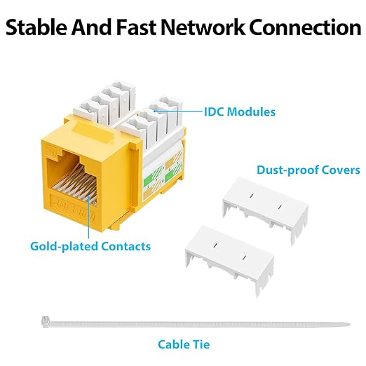 Iwillink 10Gbps Cat6 Keystone Jack, RJ45 25-Pack and Punch-Down Stand, UTP Modular Ethernet Insert 90-Degree, Punch Down Adapter, Yellow