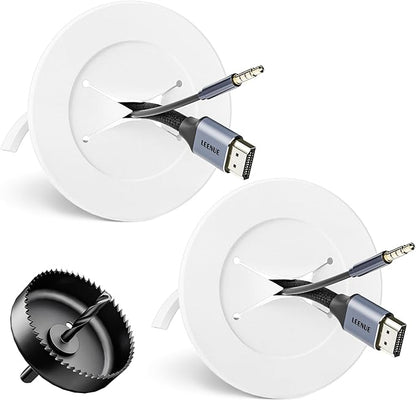 in Wall Cable Management Kit, Slim TV Wire Hider Kit for Wall Mounted TV, 2 Pcs Pass Through with Hole Saw for Network, HDMI, Speaker Cables, Coaxial, White