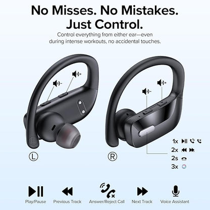 OCC Wireless Ear Hook Sport Earbuds, Bluetooth Headphones with Mic, IPX5 Waterproof, 80H Playtime, Deep Bass, Secure Fit for Running Gym Workout - Black