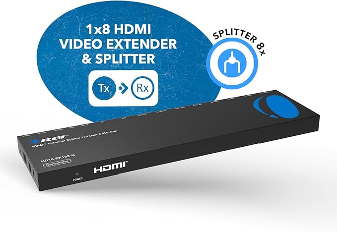 OREI HDMI Extender Splitter 1 in 8 Out Over CAT6/7 Cable 4K@30Hz with EDID Management - Up to 132 Ft - Loop Out - IR Control - Low Latency