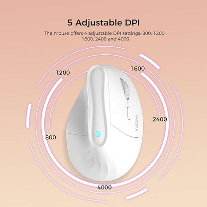 KYSONA Ergonomic Mouse Wireless, Bluetooth Vertical Mouse, 5-Level Adjustable DPI, 2.4G Silent Switch Mice for Windows, MacOS, IPadOS, Laptop, PC, White