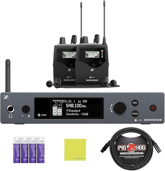 Liquid Audio Sennheiser ew IEM G4-Twin-A Wireless in-Ear Monitoring System Bundle w/Pig Hog PHM10 8mm Mic Cable, 4-Pack Blucoil AA Batteries Polishing Cloth