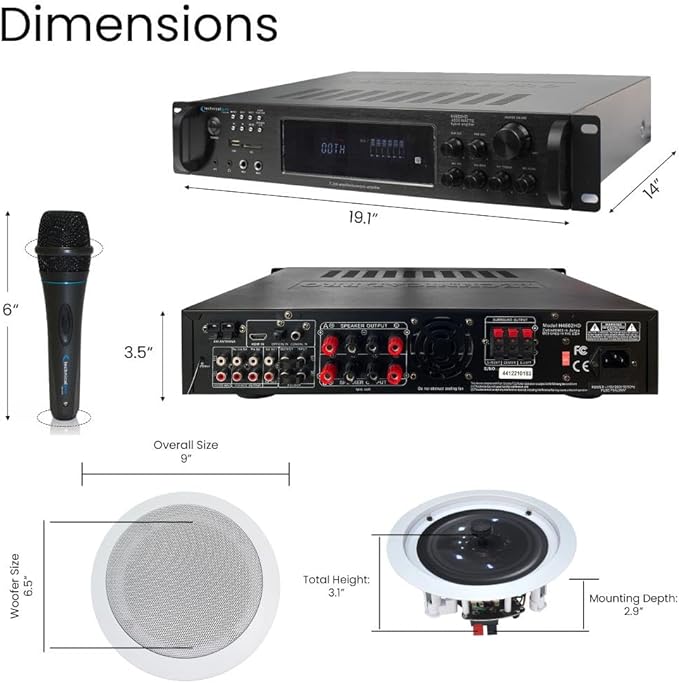 Vaiyer Home Stereo System Kit - 7.2 Channel 4500 Watts Bluetooth Amplifier with 8 Qty of 6.5" Ceiling Speakers 200W Each, Mic, 16 AWG 500 ft. Speaker Wire & Remote for Home, Bar, Office, Restaurant
