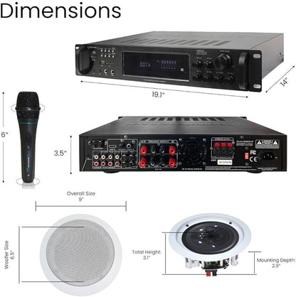 Vaiyer Home Stereo System Kit - 7.2 Channel 4500 Watts Bluetooth Amplifier with 8 Qty of 6.5" Ceiling Speakers 200W Each, Mic, 16 AWG 500 ft. Speaker Wire & Remote for Home, Bar, Office, Restaurant