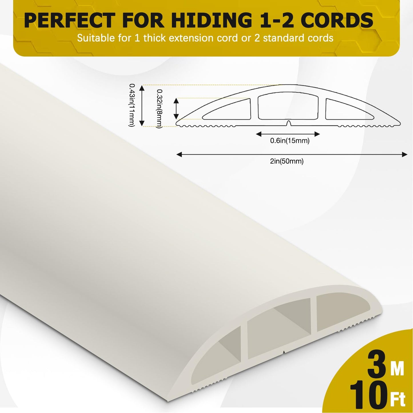 JAHOMFAI Floor Cord Cover 10FT Cord Covers for Wires on Floor Protect Wires & Prevent Trip Hazards, Easy to Cut for Home, Office, School, Concerts, Cavity W0.6in x H0.32in
