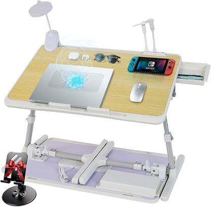 Laptop Lap Desk Include Cooling Fan,Adjustable Lap Desk with Light Fan,Folding Laptop Desk for Bed with USB,Bed Desk with Storage Drawer 60x40cm,White Oak