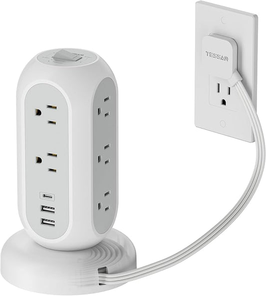TESSAN Tower Power Strip Flat Plug with 1050J Surge Protection, 5 Ft, Black