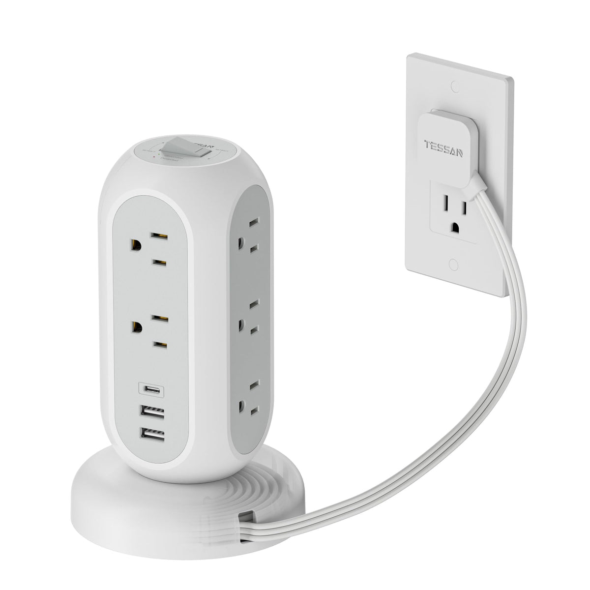 TESSAN Tower Power Strip Flat Plug with 1050J Surge Protection, 6 Ft, Grey