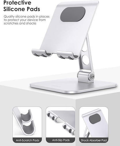 OMOTON Upgraded Adjustable Tablet Stand Holder, Heavy Duty Foldable Portable Monitor Stand, Travel Essentials for iPad Pro/Air/Mini, Surface Pro, Portable Monitor 4.7''-15.6', Silver