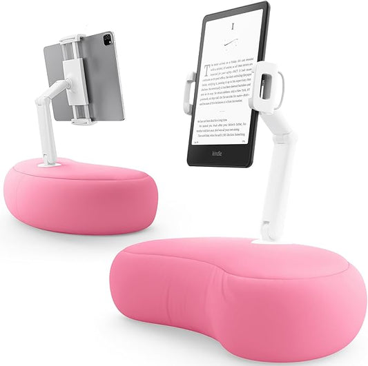SAIJI Kindle Stand for Bed – iPad & Tablet Pillow Holder with Flexible Dual Axis Arm & Microbead Cushion, 360° Adjustable Lap Beanbag Phone Holder Fits Devices with 4.7"–15.6" Screens (Pink)