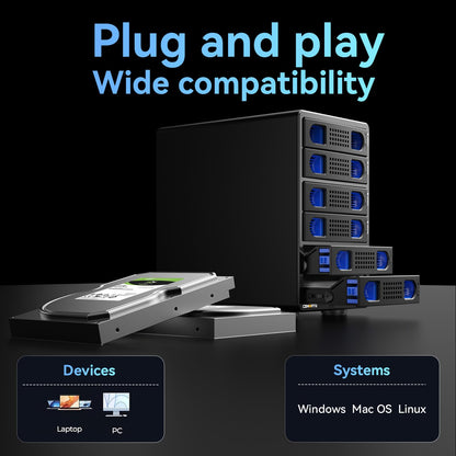 CENMATE Aluminum 6 Bay 10Gbps HDD Enclosure with Cooling Fan for 2.5“/3.5" SATA HDD/SSD with USB A/C 3.2 Gen 2, Support Hot Swappable, Tool-Free Hard Drive Enclosure