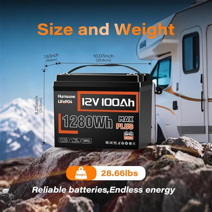 12V 100Ah LiFePO4 Lithium Battery MAX PLUS, 15000+ Deep Cycle Battery, Built-in 110A BMS with Low-Temp Protection, Ideal for RV, Marine, Trolling Motors, Off Grid etc.