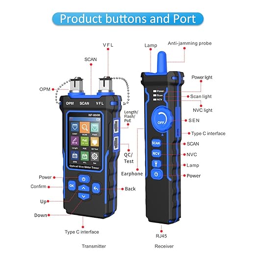 NOYAFA NF-8508 Network Cable Tester with Optical Power Meter, CAT5 CAT6 Cable Toner Ethernet Cable Tester, RJ45 Network Tester, VFL PoE QC Test Wire Tracer Port Flashing 200M Length Test