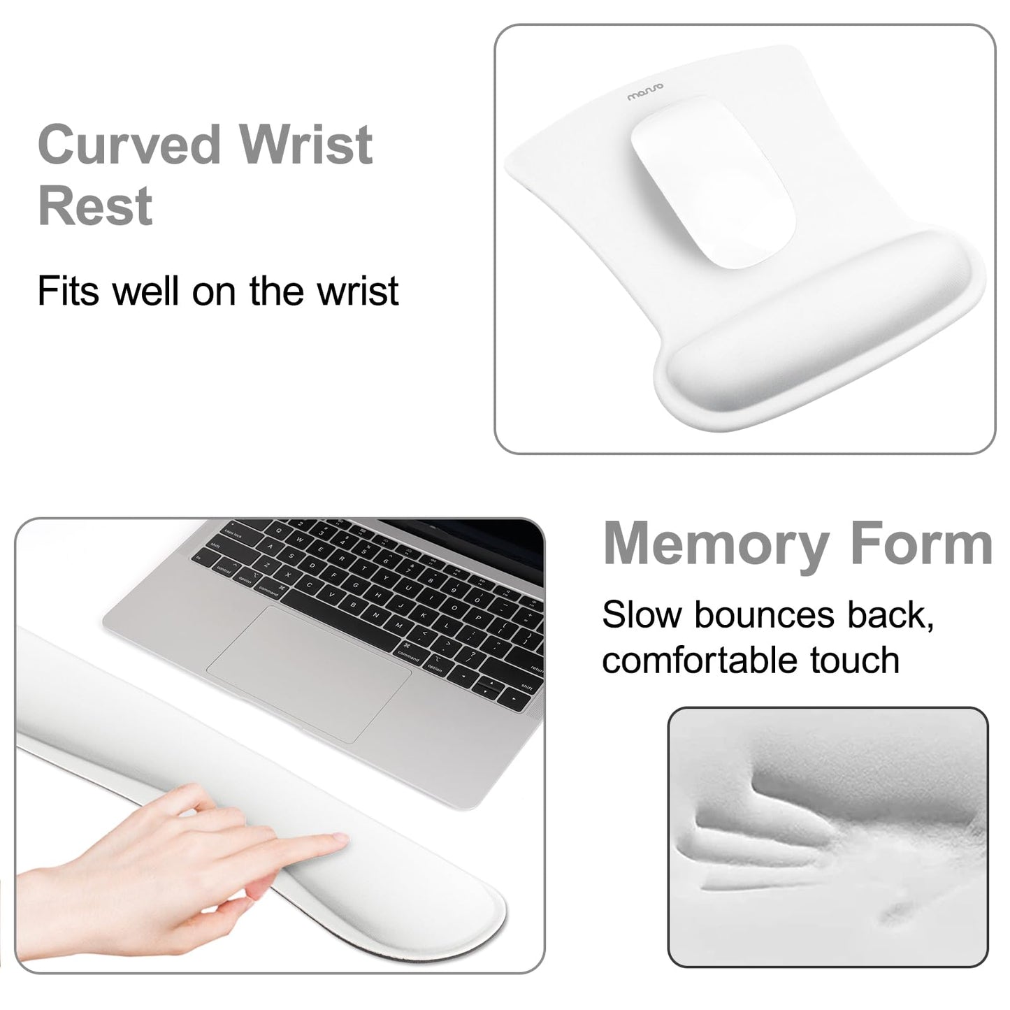 MOSISO Wrist Rest Support for Mouse Pad & Keyboard Set, Ergonomic Mousepad Non-Slip Base Home/Office Pain Relief & Easy Typing Cushion with Neoprene Cloth & Raised Memory Foam, White