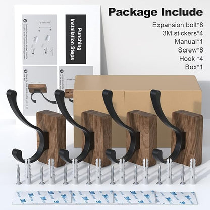 4 PCS Black Walnut Wood Wall Hooks Adhesive Mounted & Wall Mounted Rustic Decorative Entryway Hooks Mid Century Modern Natural Wooden Pegs for Hanging Coat Clothes Hat Bag Purse and Towel