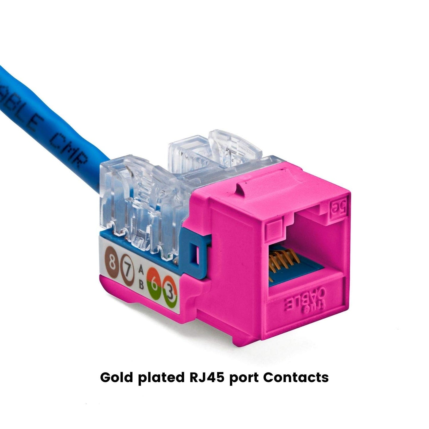 TRUE CABLE Cat5e Keystone Jack, Unshielded (UTP), 90 Degree Punch-Down, PoE++ (4PPoE) 100W,UL Listed, ETL Verified, ANSI/TIA Certified, Modular RJ45 Female, Pink, 48 Pack