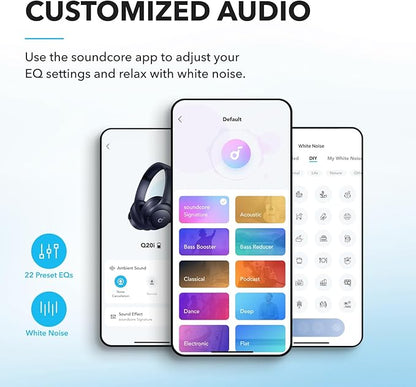 Soundcore by Anker Q20i Hybrid Active Noise Cancelling Headphones, Wireless Over-Ear Bluetooth, 40H Long ANC Playtime, Hi-Res Audio, Big Bass, Customize via an App, Transparency Mode