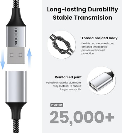 Durable USB A Male to 2 Female Extension Cord - Nylon Braided Splitter Cable for Printer, Keyboard, Flash Drive, Hard Drive, PlayStation