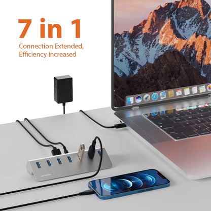 Achoro 7-Port Powered USB 3.2 Hub (2nd Gen) – 10Gbps Super Speed Aluminum USB Expander for Computer, Mac, PC, Laptop, Smartphone & Tablet – External Multi-Port Hub
