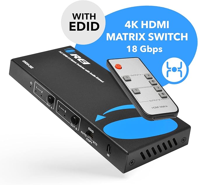 OREI 4K HDMI Matrix Switch 2 X 2, Switcher 18G UltraHD Supports Upto 4K @ 60Hz & 1080P IR EDID HDCP 2.- Remote Control (UHDS-202)