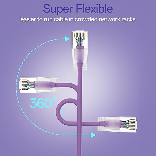 Cat6a Patch Cables 0.5ft (24 Pack) Slim, Cat6 Ethernet Patch Cable Pure Copper, Flexible Cat 6 Patch Cable 550MHZ 10G, Space-Saving Cat 6A Network Cables for Patch Panel, Purple