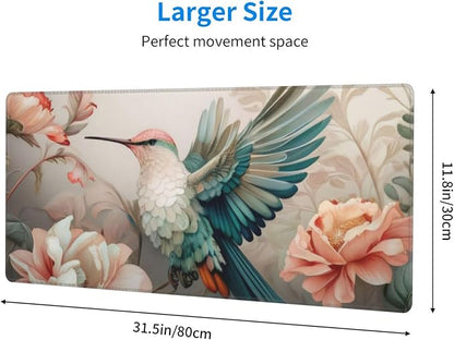 Gaming Mouse Pad, Large Non-Slip Rubber Base Mousepad, Keyboard Mouse Mat, Desk Pad with Stitched Edges, 31.5x11.8inch, Art Bird Flower