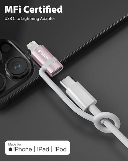 [MFi Certified] 36W USB C to Lightning Cable Adapter, Support Data Sync/PD Fast Charging Compatible with iPhone iPad AirPods, with Anti-Lost Holder - Rose Gold 3 Pack